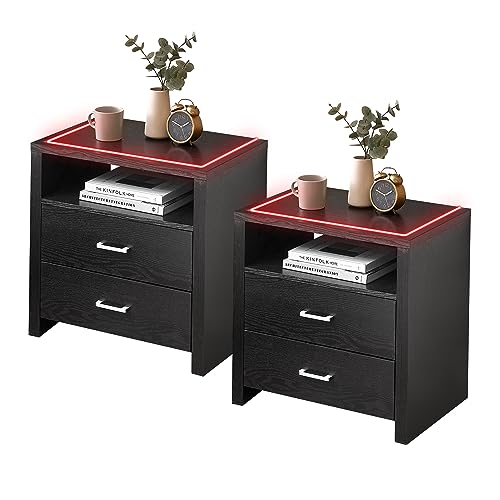 GAOMON White Nightstand with LED Lights, Modern Night Stand with 2 Storage Drawer and Open Storage, End Side Table for Bedroom Living Room