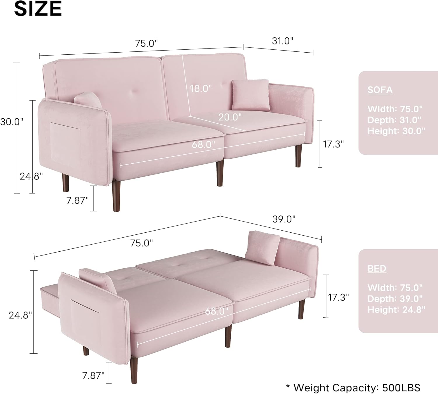 WILLIAMSPACE Futon Sofa Bed, Velvet Convertible Sleeper Sofa with Magazine Bag, Small Splitback Sofa with Tapered Solid Wood Leg, Padded Seat and Back, Loveseat Couch for Living Room, Pink