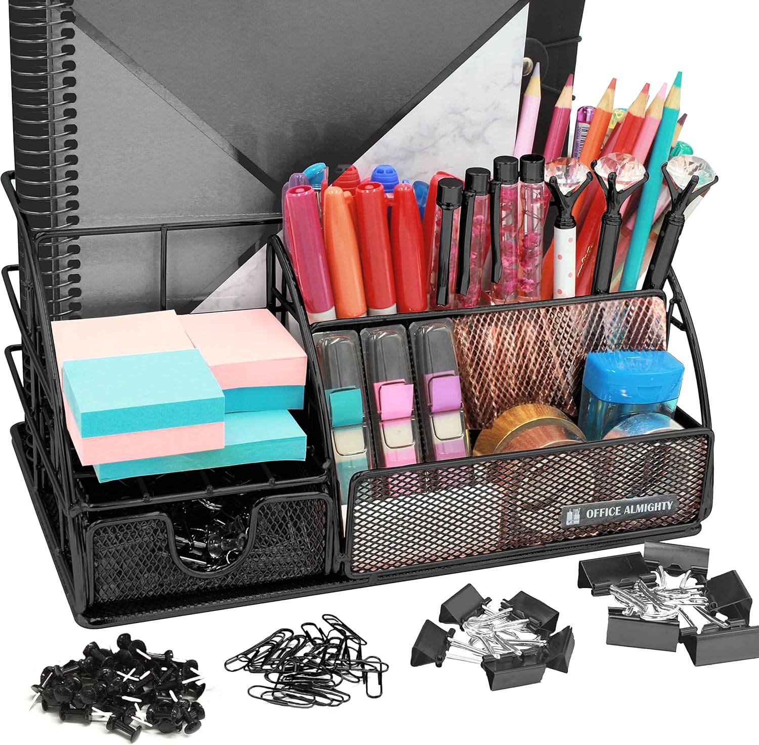 Black Desk Organizer for Men: Exclusive Large 6 in 1 Mesh Shiny Metal Supplies Organizer with Pen Holders, Folder Holder & Accessories Drawer + BONUS 171 Clips Set w/a Plastic Box