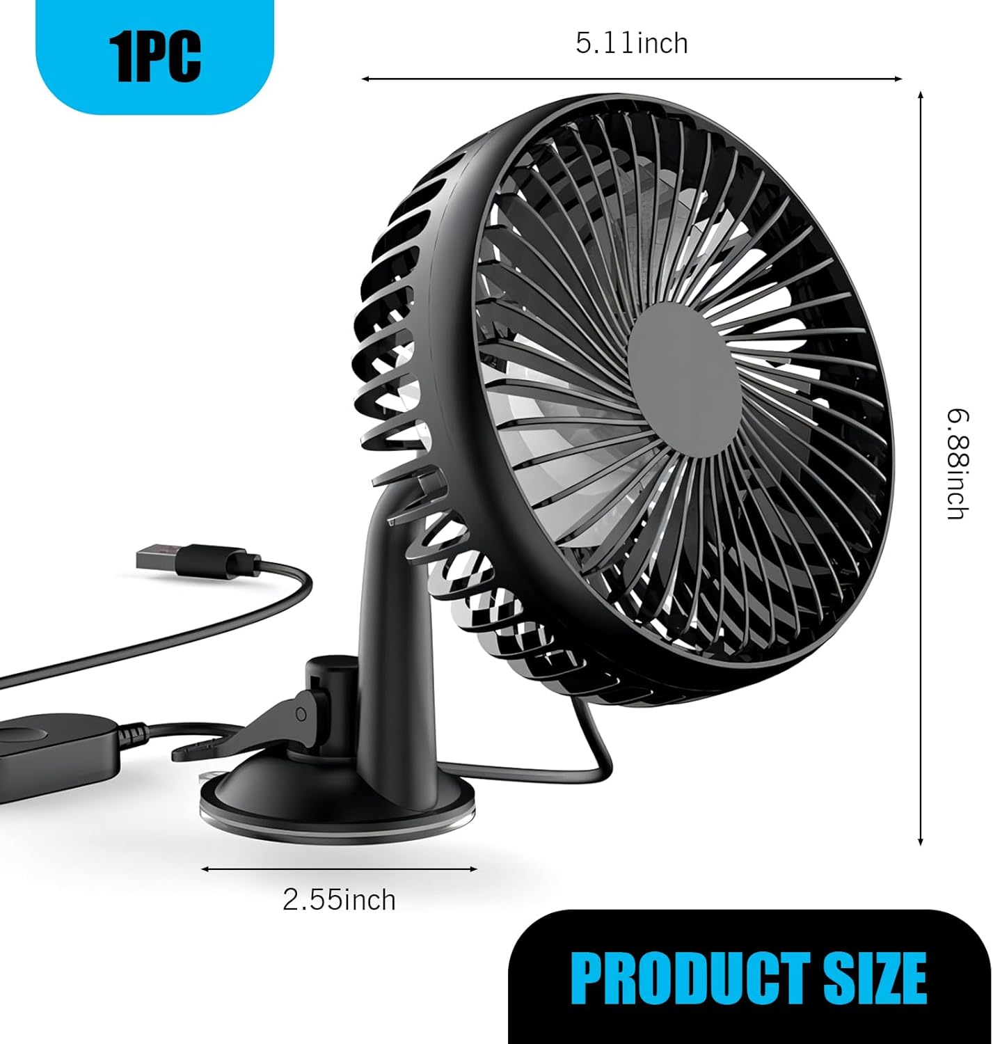 1 PC Car Single-head Fan, 360 Degree Wide-angle Strong Wind Silent Fan with USB Port, Multi-function Dashboard Windshield Fan with Washable Suction Cup, Universal for Cars Office (Black)