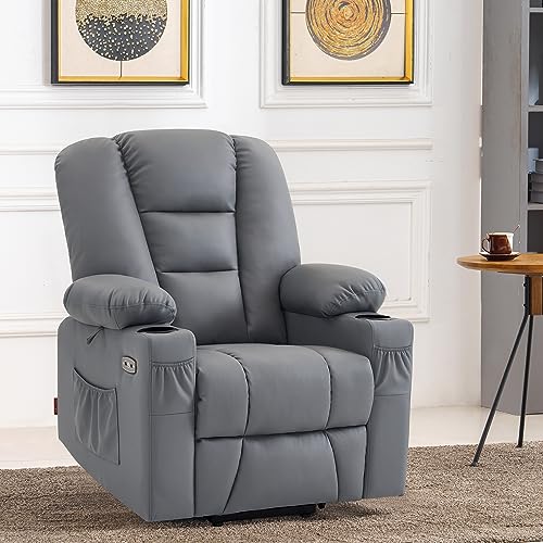 MCombo Small Power Lift Recliner Chair with Massage and Heat for Petite People, Cup Holders, USB Ports, Side Pockets, Faux Leather 7569 (Small, Navy Blue)