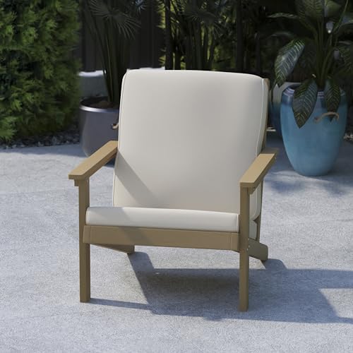 BizChair Adirondack Style Deep Seat Patio Club Chair with Cushions - Natural Cedar Poly Resin Frame - Cream All-Weather Cushions - Indoor/Outdoor