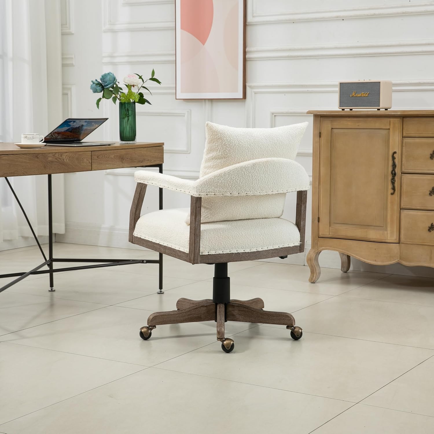 Upholstered Chair Office with Adjustable Seat Height Wheels for Living Room Bedroom Beige Solid Modern Contemporary Fabric Wood Finish Swivel