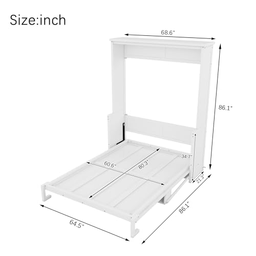 Queen Size Murphy Bed Wall Bed with 2 Side Cabinet Storage Shelf & Desk Combo,68-inch Vertical Wall Bedframe w/Can Be Folded for Bedroom Guest Room Small Space, White