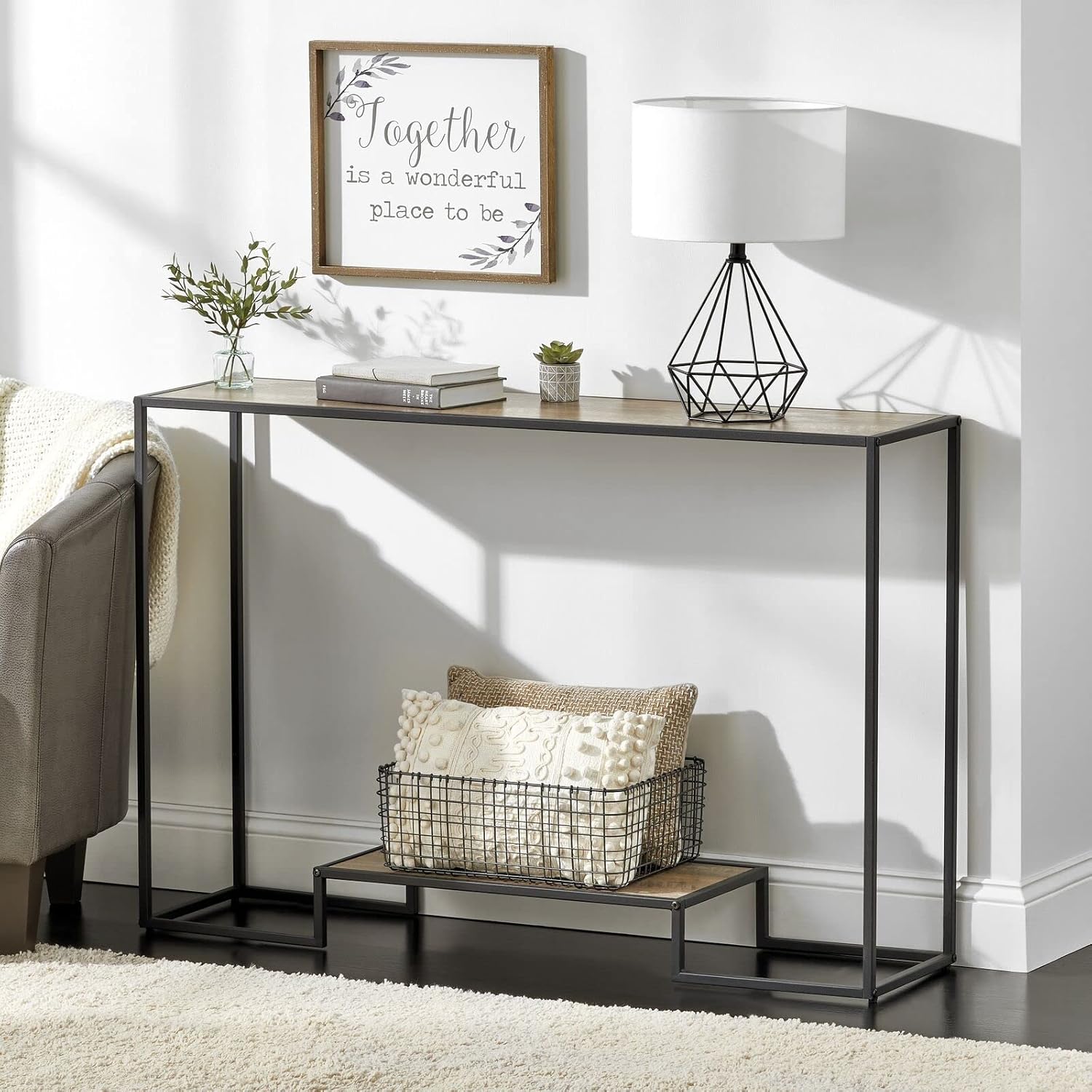 mDesign Modern Metal and Wood Inlay Side Table with Sturdy Metal Frame, Wood Top - Furniture Unit for Living Room, Bedroom, Hallway, Entryway - Raised Bottom Shelf - Black