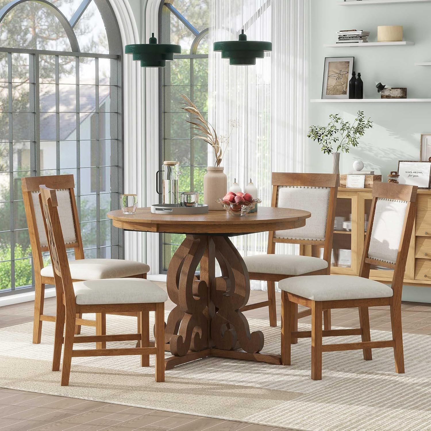 YUNLife&Home 5-Piece Retro Extendable Dining Table Set, 16-inch Leaf and 4 Upholstered Chairs for Diningroom and Kitchen, 42