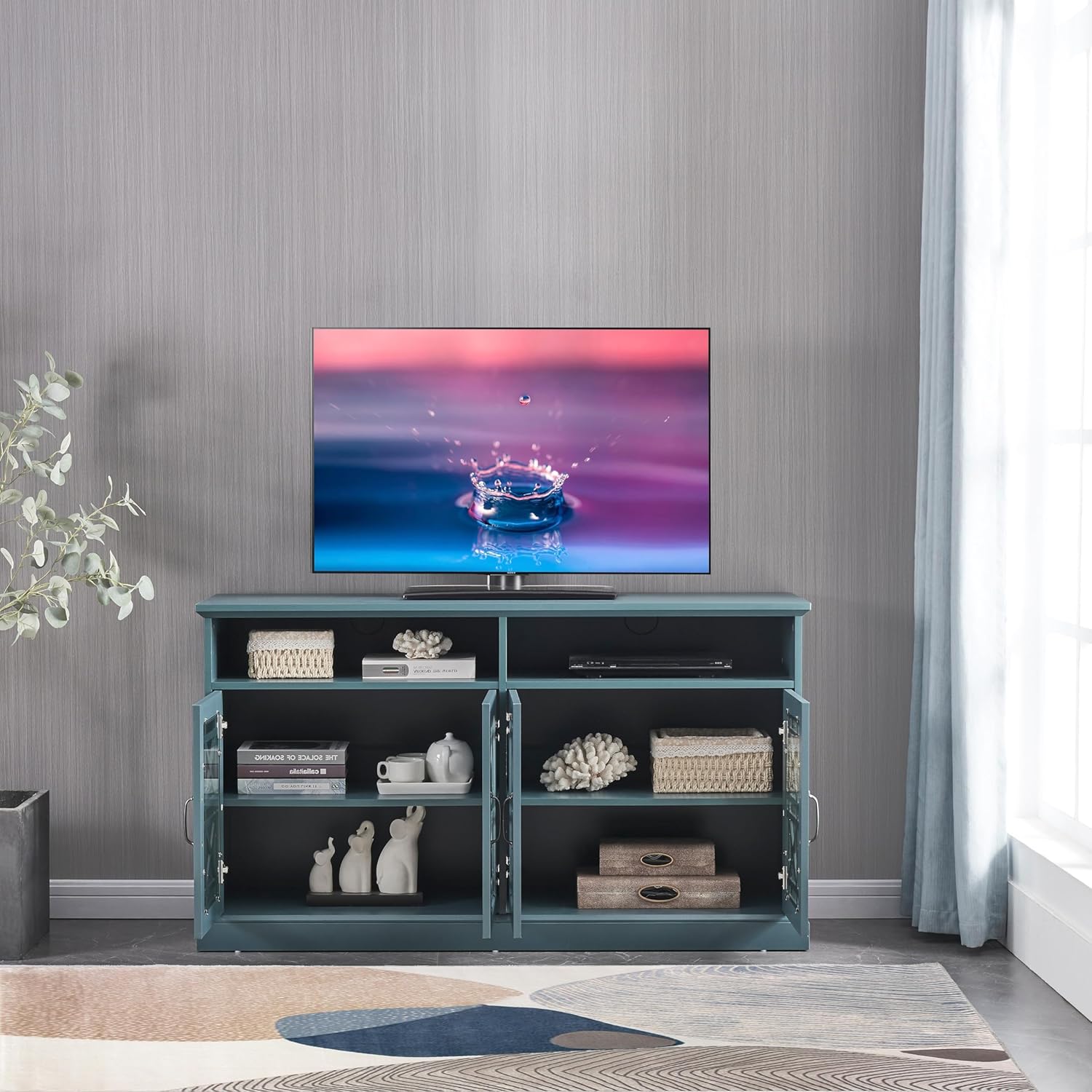 Teal Versatile Usage Storage Cabinet W/Adjustable Shelves and Cord Holes Tv Stand Console Table Sofa for Dining Green Casual Modern Contemporary MDF Glossy Wood Finish Handmade