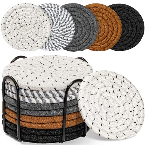 10 Pcs Drink Coasters with Holder, 5 Colors Absorbent Coasters for Drinks 4.3 Inch Cup Coasters Minimalist Cotton Coaster Set Woven Coasters for Coffee Table Bar Home Decor Housewarming Gift