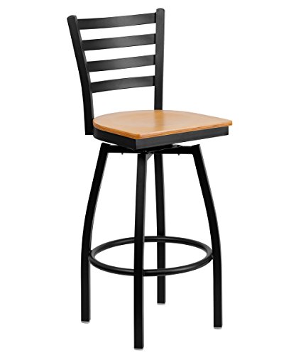 Flash Furniture 2 Pack HERCULES Series Black Ladder Back Swivel Metal Barstool - Mahogany Wood Seat