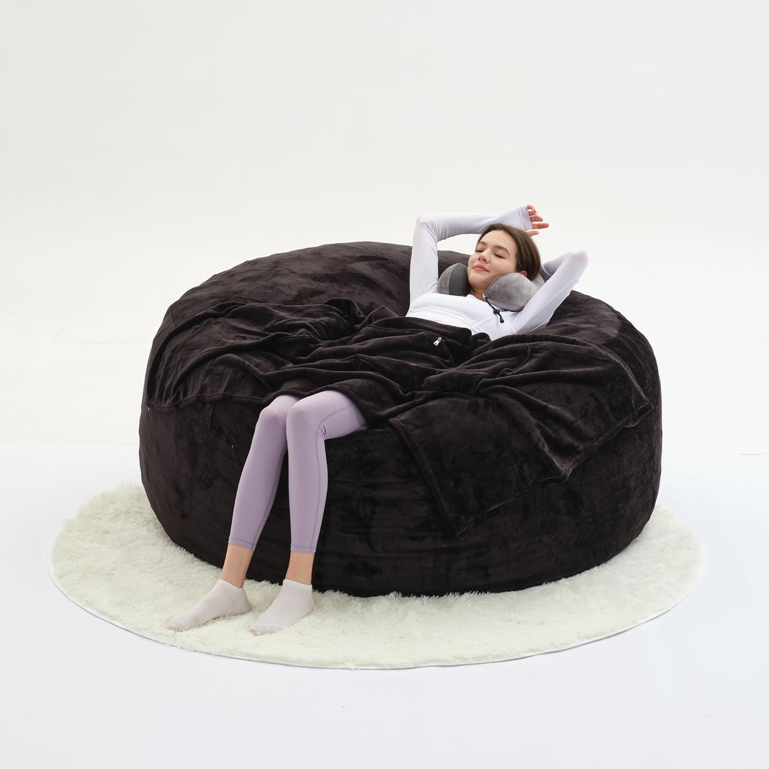 Beanbag Sofa Chair, Large Round Soft Fluffy Flannel Washable beanbag Adult Sofa, 50 lb Memory Sponge Filled Sofa Bed, Living Room Bedroom and Game Room Couch, (Black, 5 inches)