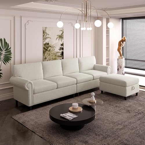 100inch 4 Seater Sectional L Shape Sofa Couch for Living Room,Beige Deep Seat Large Velvet Sectional Sofa Couch w Chaise,Modular Convertible Sectional Sofa Couch,Comfy Linen Lounge Couch