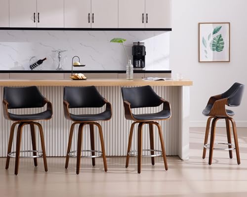 26’’ Modern Barrel Swivel Counter Stools Counter Height Swivel Bar Stools with Backs Set of 4 Black Faux Leather Upholstered Bar Height Island Chairs, Farmhouse Walnut Wood Barstool for Kitchen Island