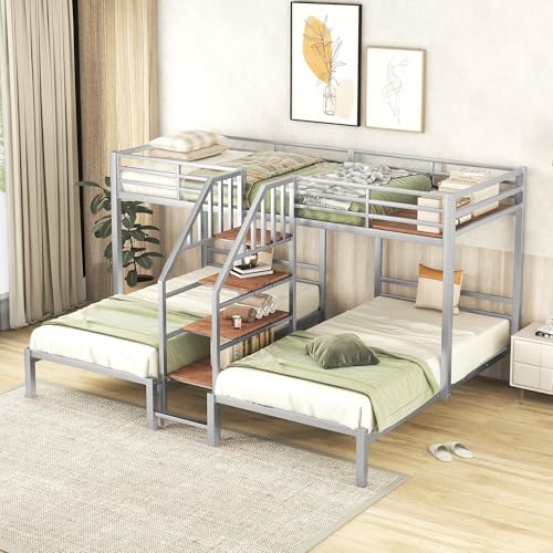 Twin Over Twin Over Twin Triple Bunk Bed, Metal Bunk Bed for 3 with Storage Shelves Staircase & Guardrail, L-Shaped 3 Bunk Beds for Kids Teens Girls Boys No Box Spring Needed/Easy Assemble, Black