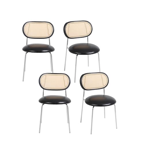 Tufted Upholstered Dining Chair with Silver Metal Legs and Back, PU& Rattan Industrial Side Chair with Leisure and Leveling Feet, Accent Desk Chair for Dining Room Bedroom(Brown Set of 2)