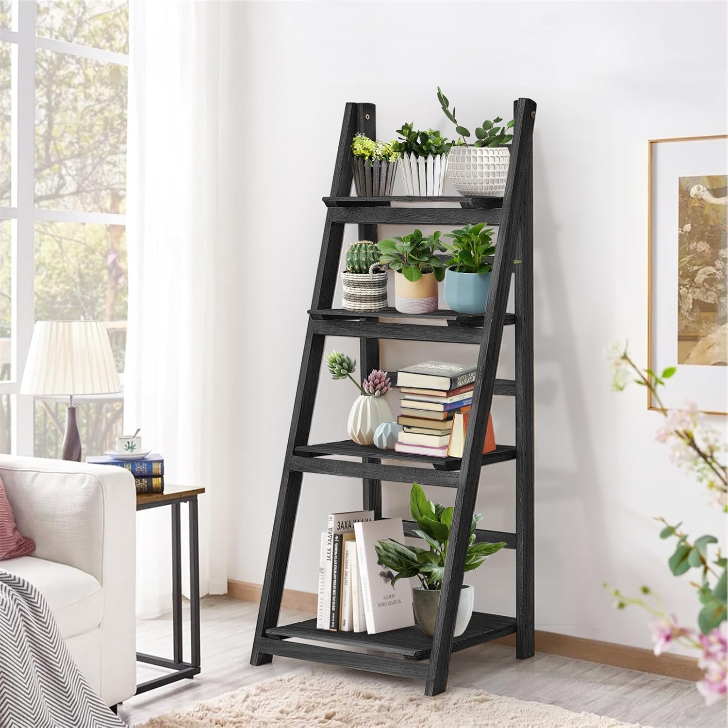 4 Tier Ladder Shelf, Wooden Ladder Shelf, Industrial 4 Tier Bookshelf Ladder Shelves Rustic Foldable Freestanding Plant Stand, Solid Wood Shelf with for Bedroom, Living Room, Black