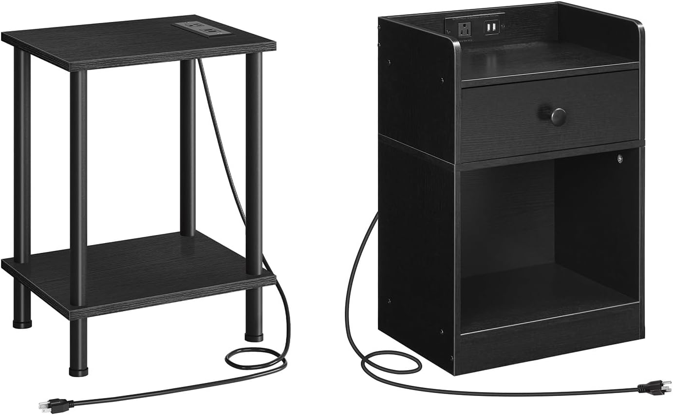 HOOBRO Side Table with Charging Station, End Tables with USB Ports and Outlets, Nightstand with Storage Shelves for Small Spaces, Living Room, Bedroom, Black BK09UBZ01-BK18UBZ01