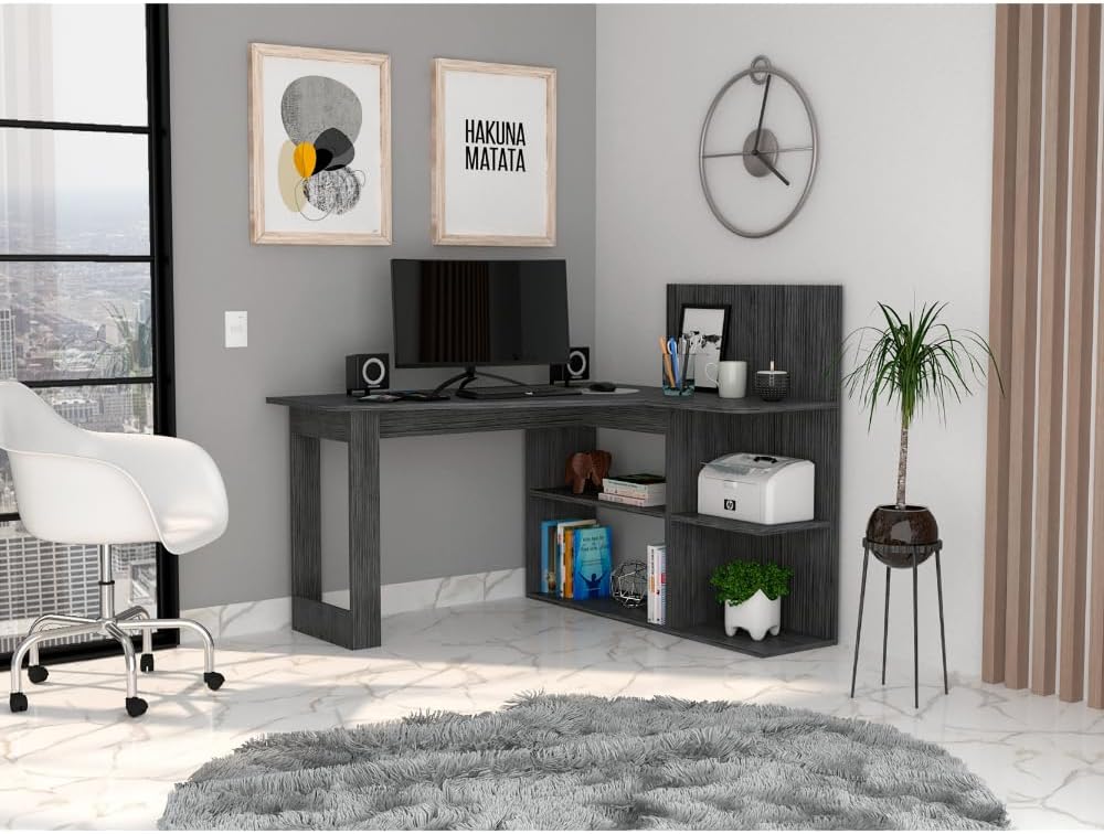 Masai L-Shaped Writing Computer Desk with Five Open Shelves, Smokey Oak Grey, 47.20 x 51.70 x 43.30 Inch, Corner Desk