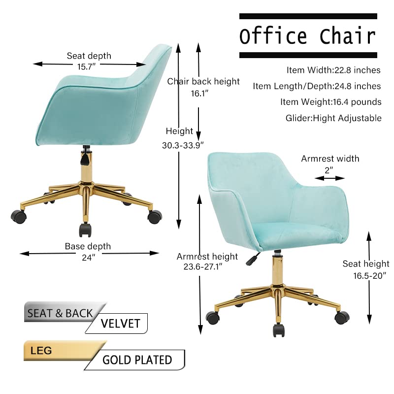 Modern Office Desk Chair, Velvet Upholstered Rolling Chair, Adjustable Height 360 revolving Home Office Chair with Gold Metal Legs and Universal Wheels for Indoor Home Office