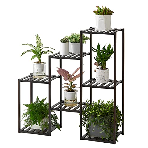 Plant Stand Indoor Plant Stands Bamboo Outdoor Tiered Plant Shelf for Multiple Plants, 3 Tiers 7 Potted Ladder Plant Holder Table Plant Pot Stand for Window Garden Balcony Living Room Corner (Brown)