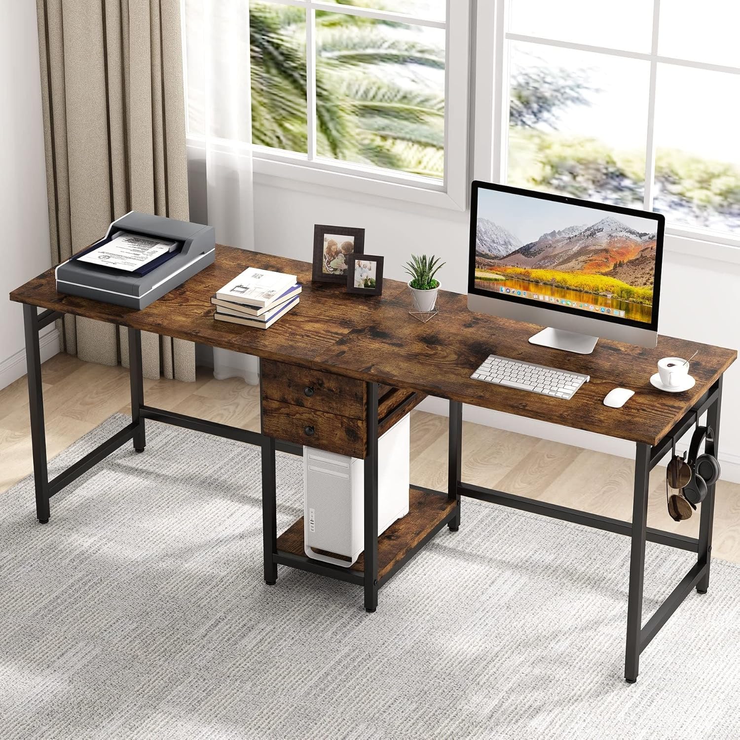 Extra Long Two Person Deskindustrial Workstation for Home Office?78'' Double Computer Desk with Drawers and Storage Shelves Brown Industrial Rustic Vintage Rectangular Metal Wood