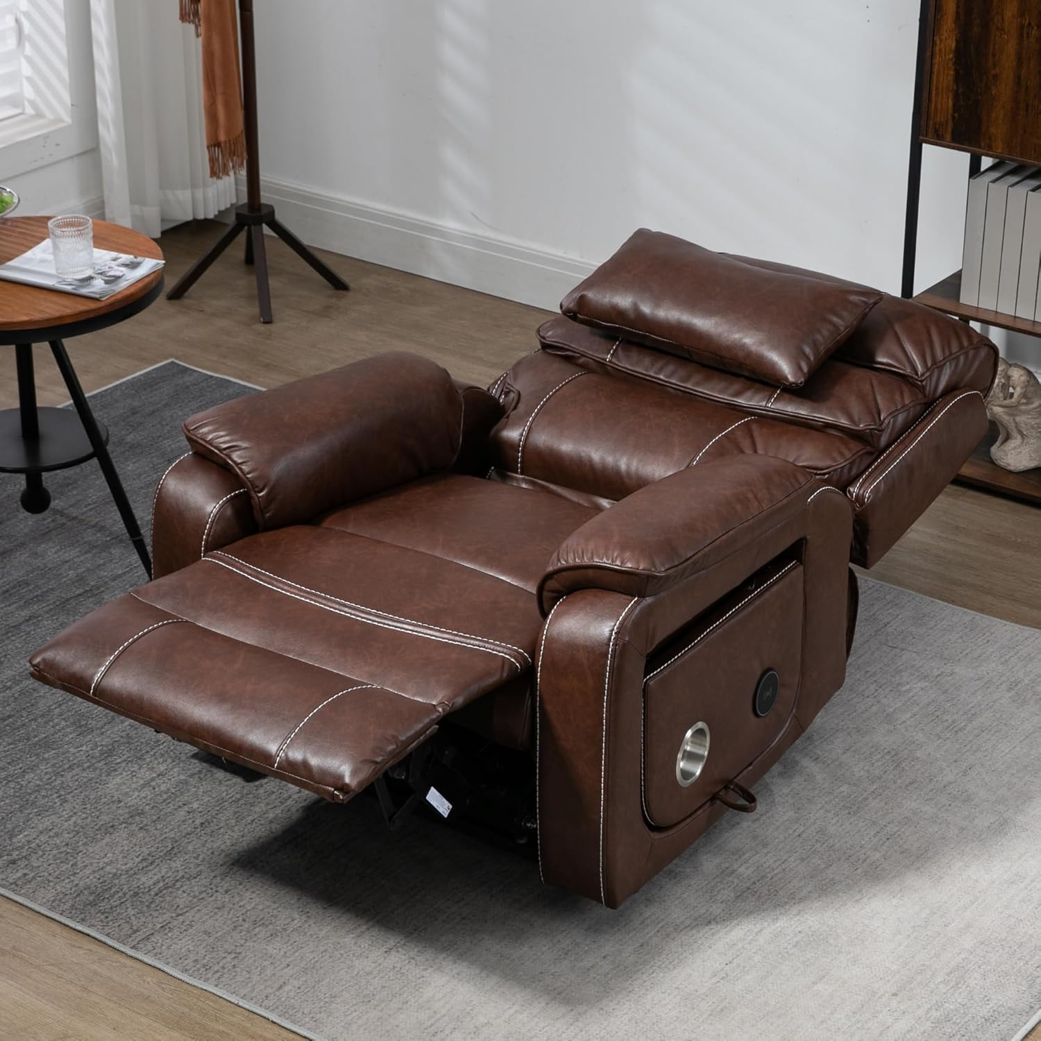 Pinnacle Lay Flat Recliner with Lumbar Pillow - Fold Out Tray Cup Holder & Wireless Phone Charger - Dual Motor Lift Chair for Sleeping - Big Tall 400 lbs Capacity (Brown Breathable Faux Leather)
