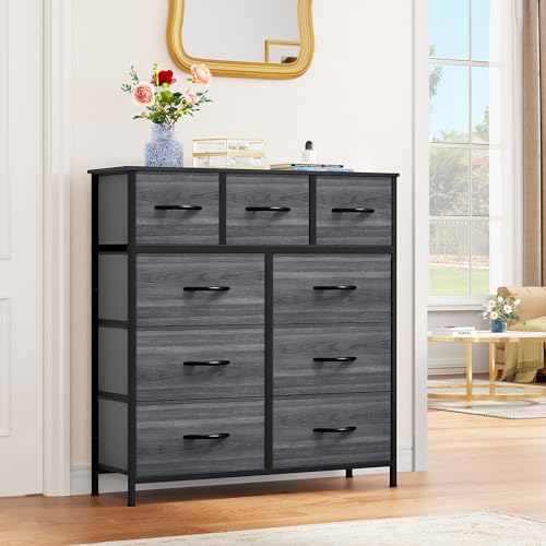 YITAHOME Dresser for Bedroom with 9 Drawers - Fabric Storage Tower, Tall Chest Organizer Unit for Living Room, Entryway, Closets with Sturdy Steel Frame, Wooden Top