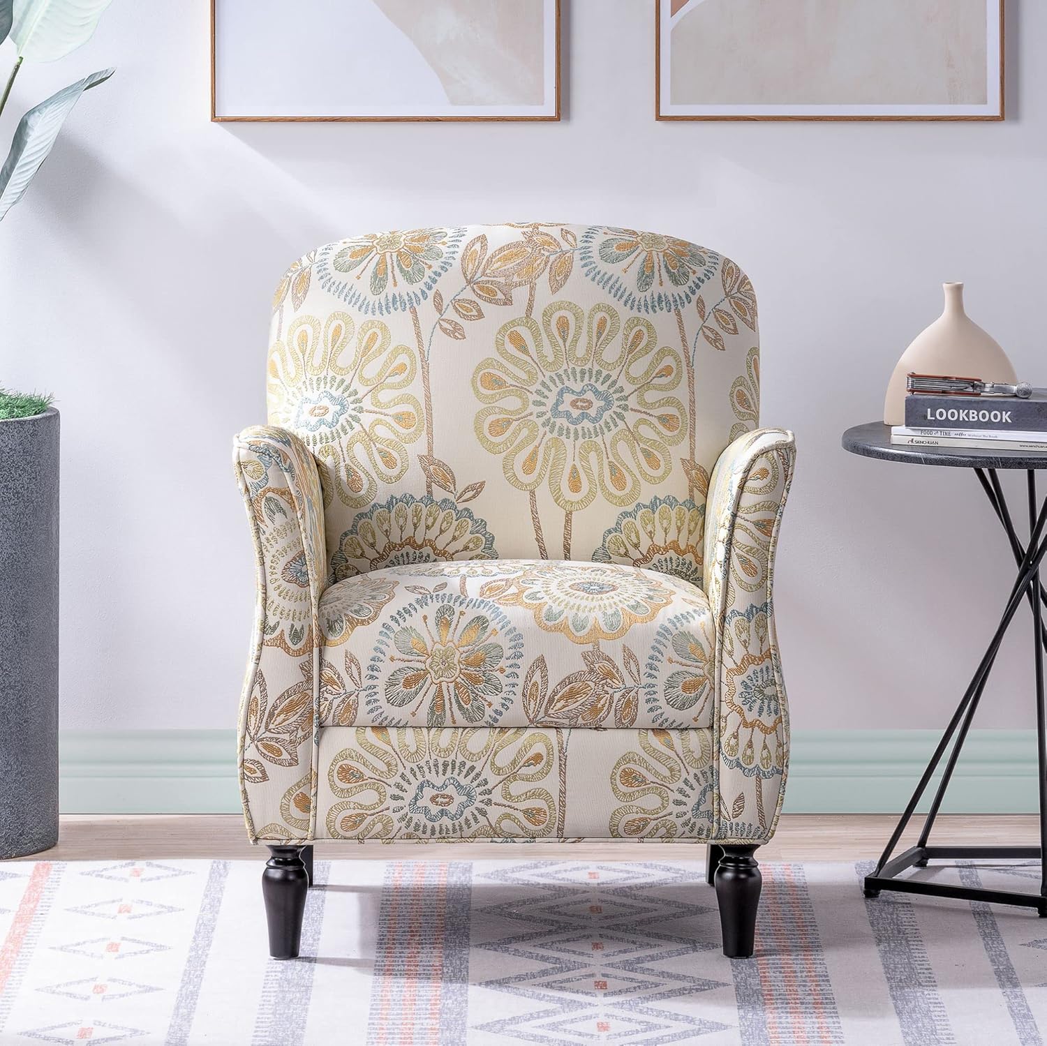 Fabric Floral Accent Chair Club Chair, Modern Living Room Chairs, Comfy Upholstered Reading Chair for Bedroom, Single Sofa, Wingback Chair