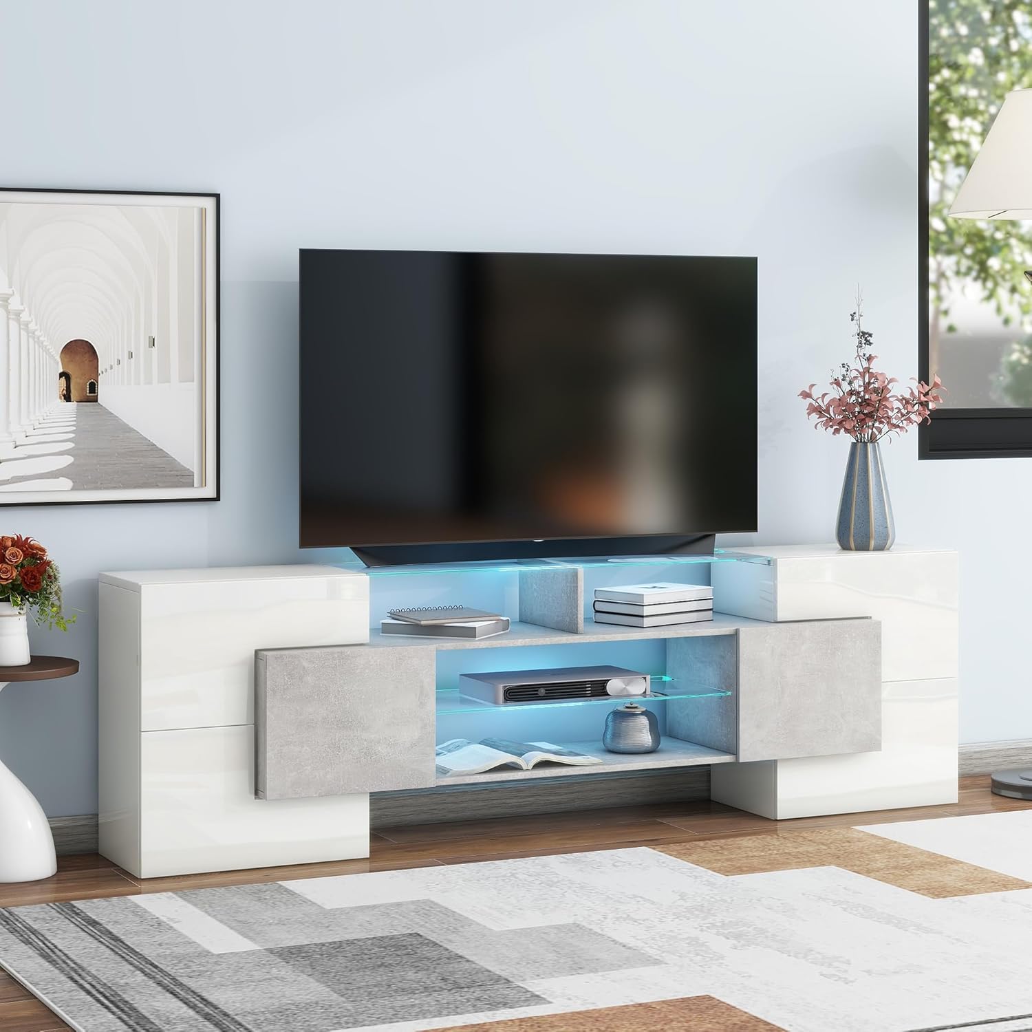79 Inch Whtie TV Stand Entertainment Centre with 2 Glass Shelves,High Gloss Media Console Table for TVs Up to 80