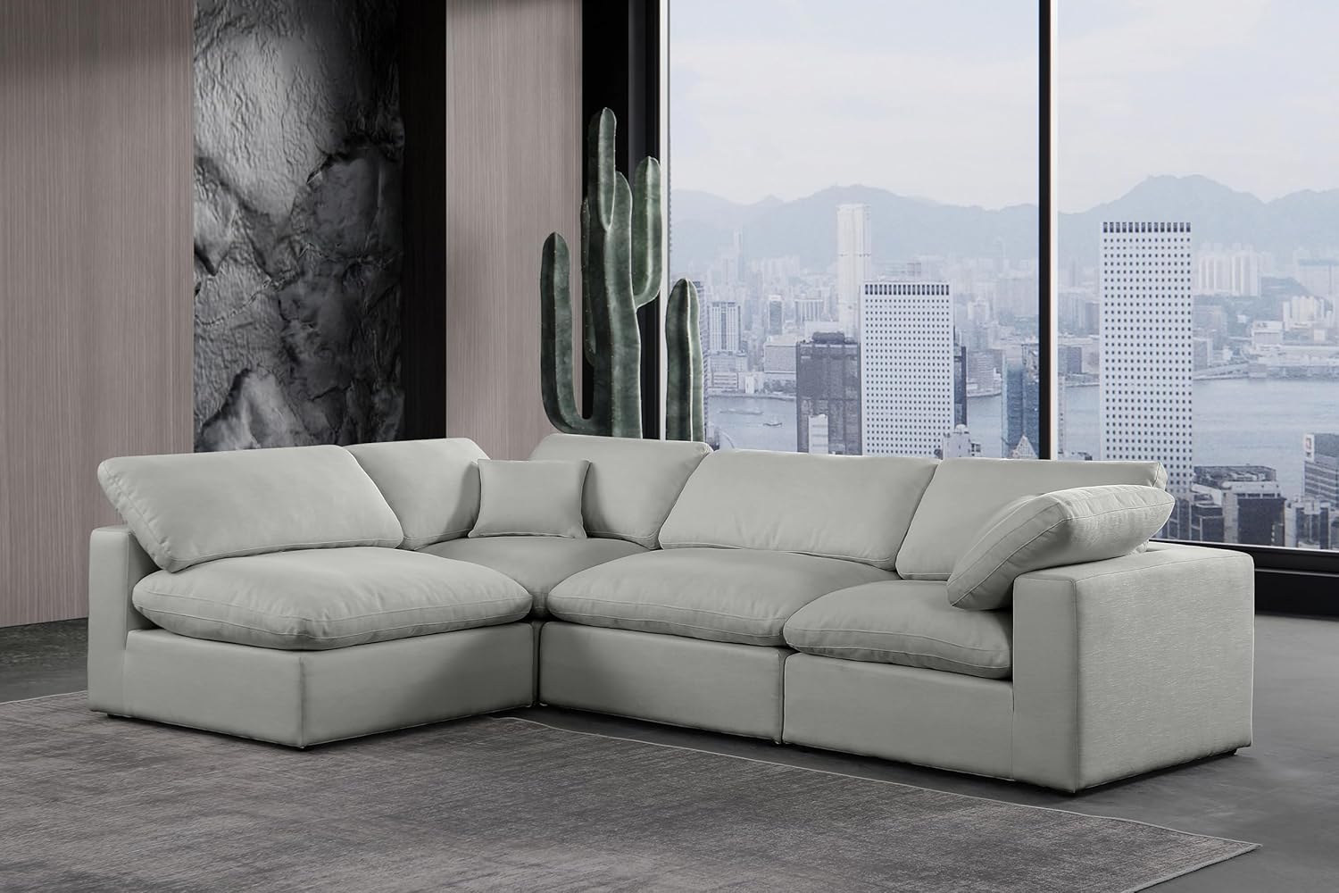 Meridian Furniture Comfy Collection Modern | Contemporary Upholstered Modular Sectional with Linen Textured Fabric Upholstery, Down Feather Cushions, 119
