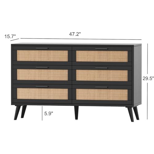 Rovaurx 6 Drawer Double Dresser for Bedroom, Rattan Chest of Dressers, Modern Wooden Dresser Chest with Golden Handles, Beside Table for Closet, Living Room and Entryway, White RDG001W