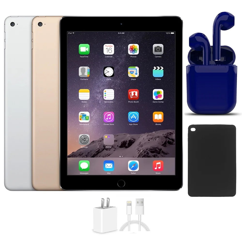 Open Box | Apple iPad Air 2 | 9.7-inch | 128GB | Wi-Fi Only | Bundle: USA Essentials Bluetooth/Wireless Airbuds, Case, Rapid Charger By Certified 2 Day Express