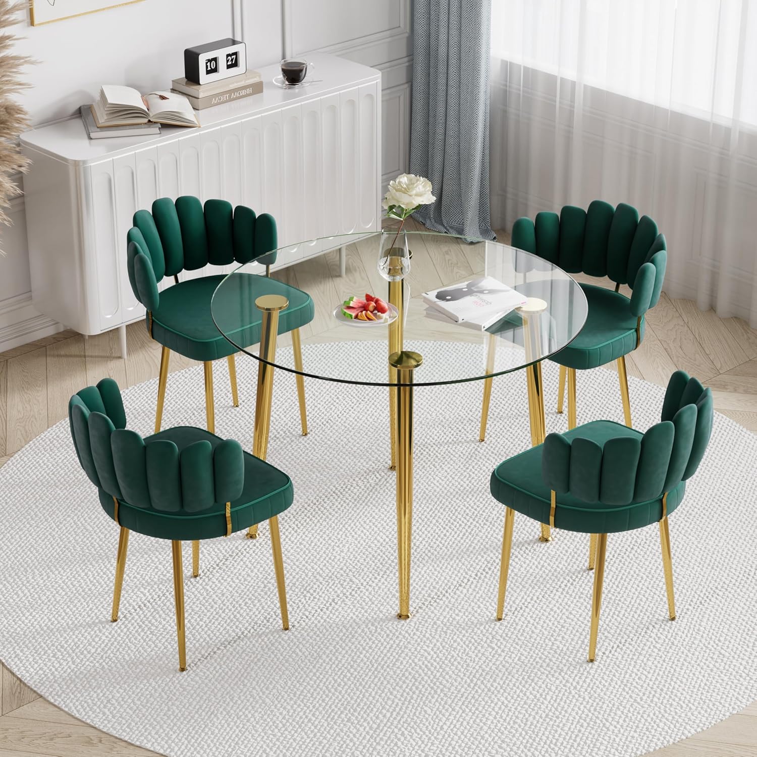 Glass Round Dining Table Set for 4, Modern Circle Dining Room Table Set, 40'' Clear Glass Top Dinner Set, 5 Pcs Retro Circular Kitchen and Green Velvet Chairs Set, for Small Place Home