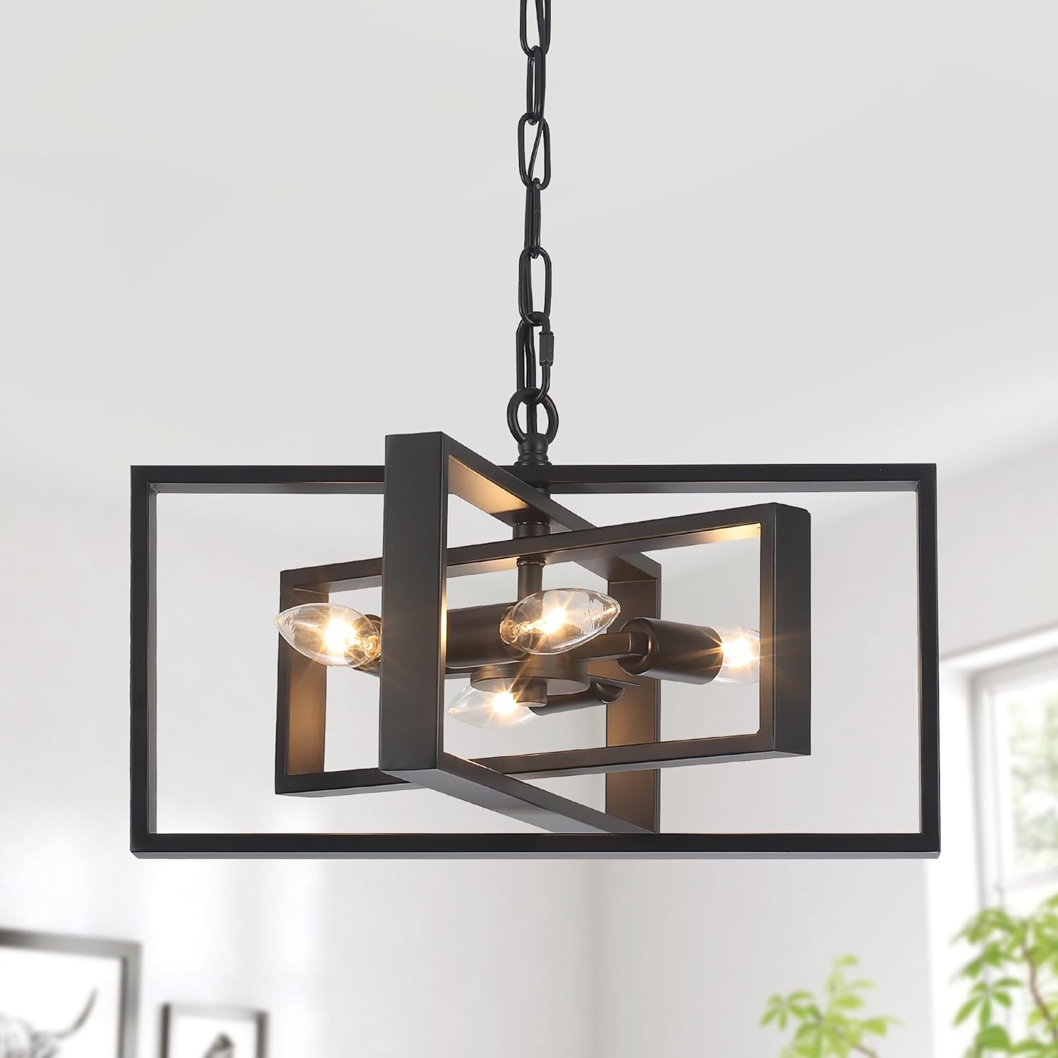 Black Farmhouse Chandelier Rectangular 4-Light Chandeliers Dining Room Vintage Rustic Industrial Pendant Light Fixture for Living Room Kitchen Island