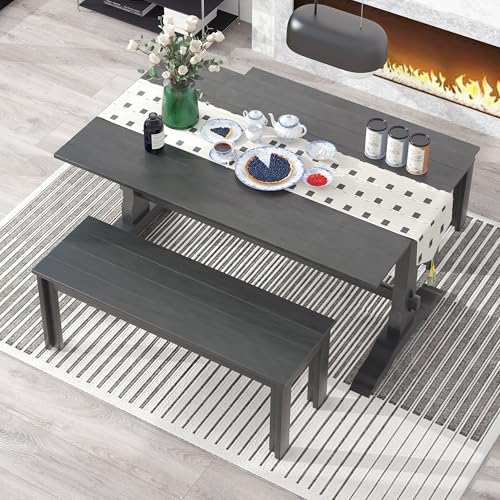 Dining Table Set for 4, Kitchen Table Set with Rectangular Trestle Table and 2 Wood Benches, Rectangular Dining Room Table Set for Small Space, Apartment, Studio (Natural Wood-n)