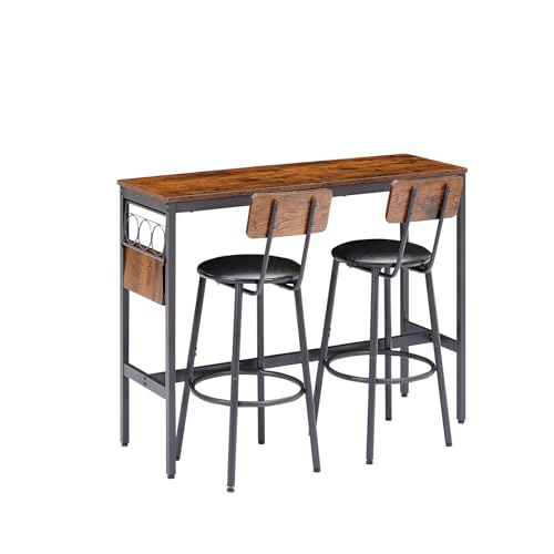 3pcs Dining Bar Table Chair Set with Wine Bottle Storage Rack 2 People Counter Height Table Stools for Kitchen Living Room Restaurant Wood Brown