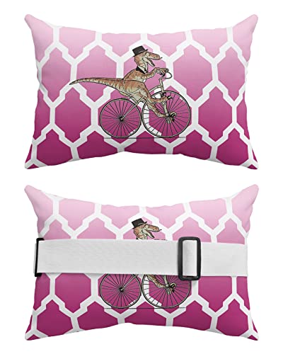 Outdoor Pillow for Lounge Chair with Strap & Insert Cartoon Dinosaur Ride Bike Recliner Head Pillow Ombre Navy Blue Moroccan Waterproof Headrest Patio Lumbar Pillows for Beach Pool Office Chair 12x20