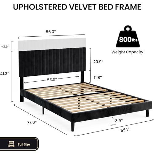 Full Size Bed Frame Platform with Height-Adjustable Velvet Linen Fabric Upholstered Headboard, Bed Frame with Crafted Tufted Headboard, No Box Spring Needed, Easy Assembly, Black