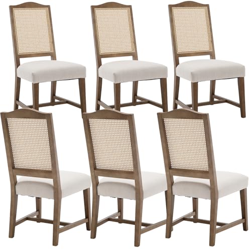 Upholstered Dining Chairs Set of 6, Farmhouse Kitchen Chairs with High Cane Backs, Rattan Dining Room Chairs Comfy Side Wood Chair for Living Room/Restaurant, Natural