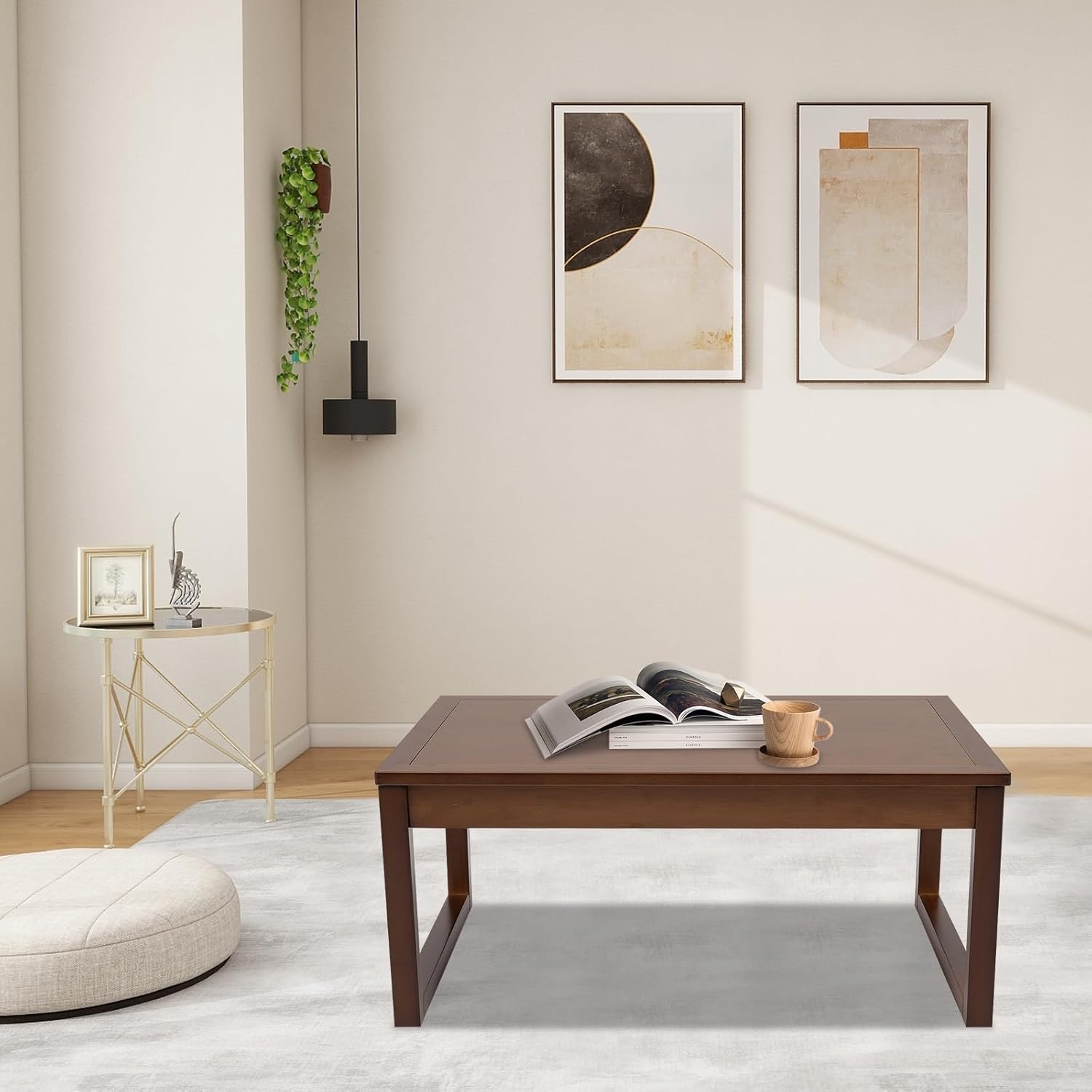 Floor Sitting Low Table, Modern End Table, Wood Coffee Table Rectangle Small Walnut, Floor Sitting Low Table with Side Drawer for Small Space Minimalist Japanese Tatami Room, 31.5 * 19.7