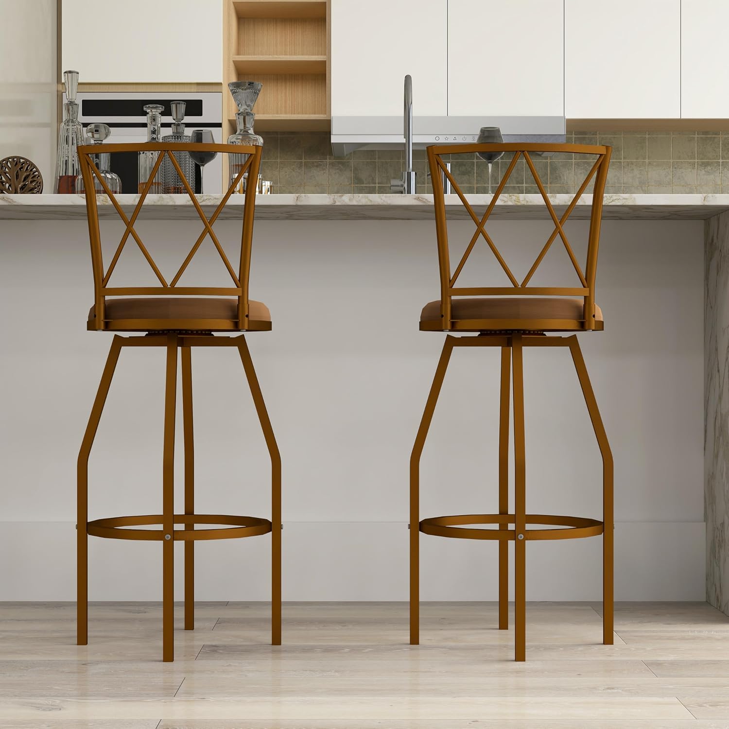 Set of 2 Classic Bar Stools, Rustic Swivel Bar Stools with Backrest and Footrest, Upholstered Island Height Bar Stools for Kitchen or Bistro, Brown/Black