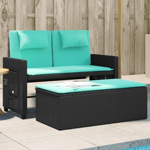 Reclining Patio Bench with Cushions Black Poly Rattan,2in1 Patio Bench Sofa Bed with Adjustable Backrest for Outdoor Living Patio Seating Furniture