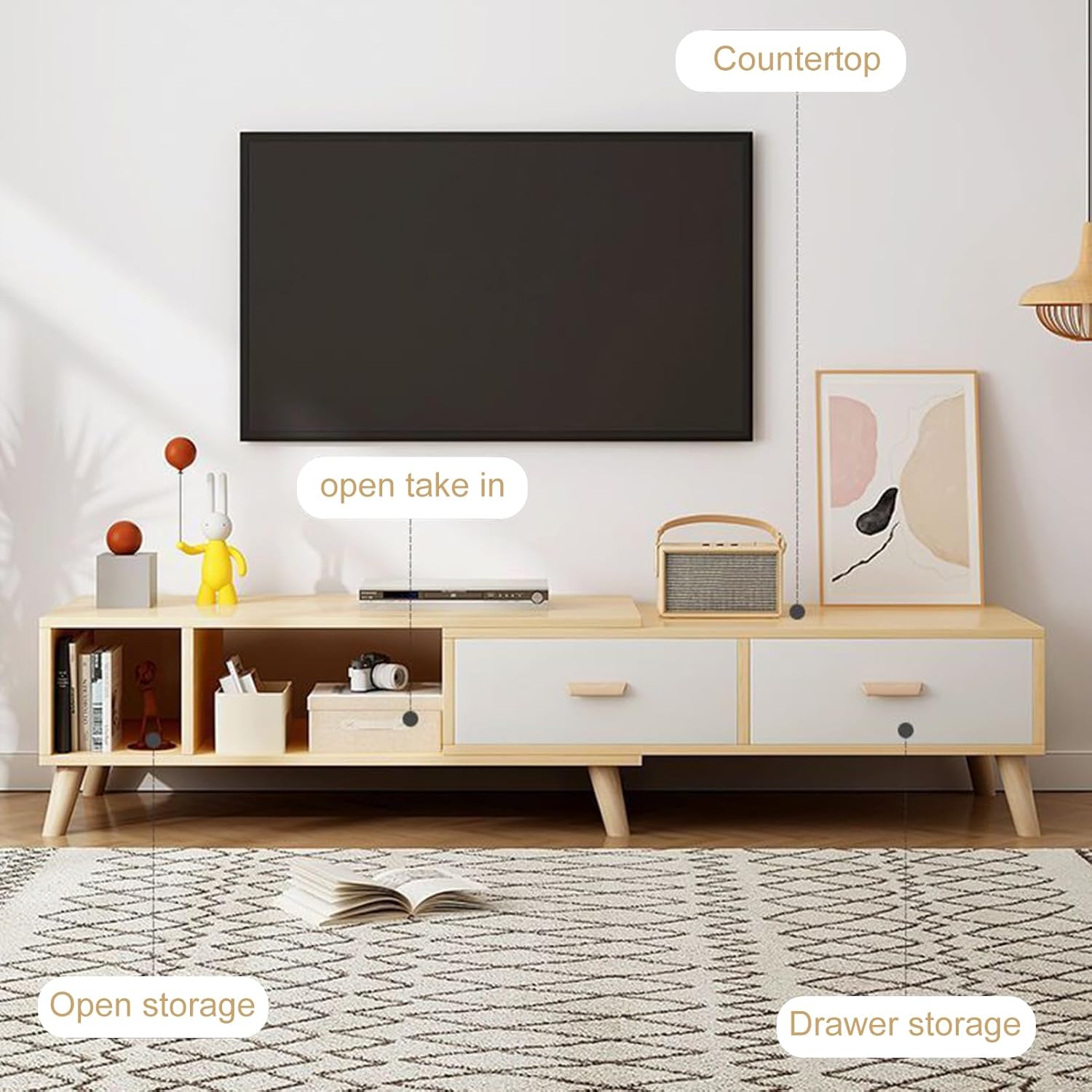 78” Modern TV Stand, Retractable Tv Storage Cabinet, Entertainment Center with 2 Drawers and Open Shelf, Wooden Media Consol, Television Furniture for Living Room Office