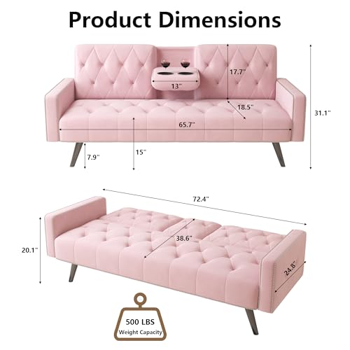 Anwick Velvet Modern Sofa Bed Futon Couch Folding Recliner Sleeper Reversible Loveseat Convertible Daybed, 2 Cup Holders, with Pillow, for Living Room, Apartment, Small Space (Pink)
