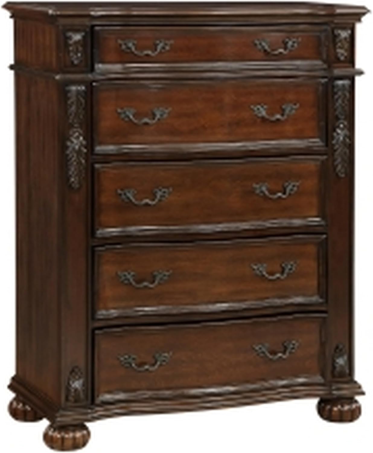 Benjara Nami 50 Inch Tall Dresser Chest, 5 Drawers, Carved Cherry Solid Wood, Brown and Bronze