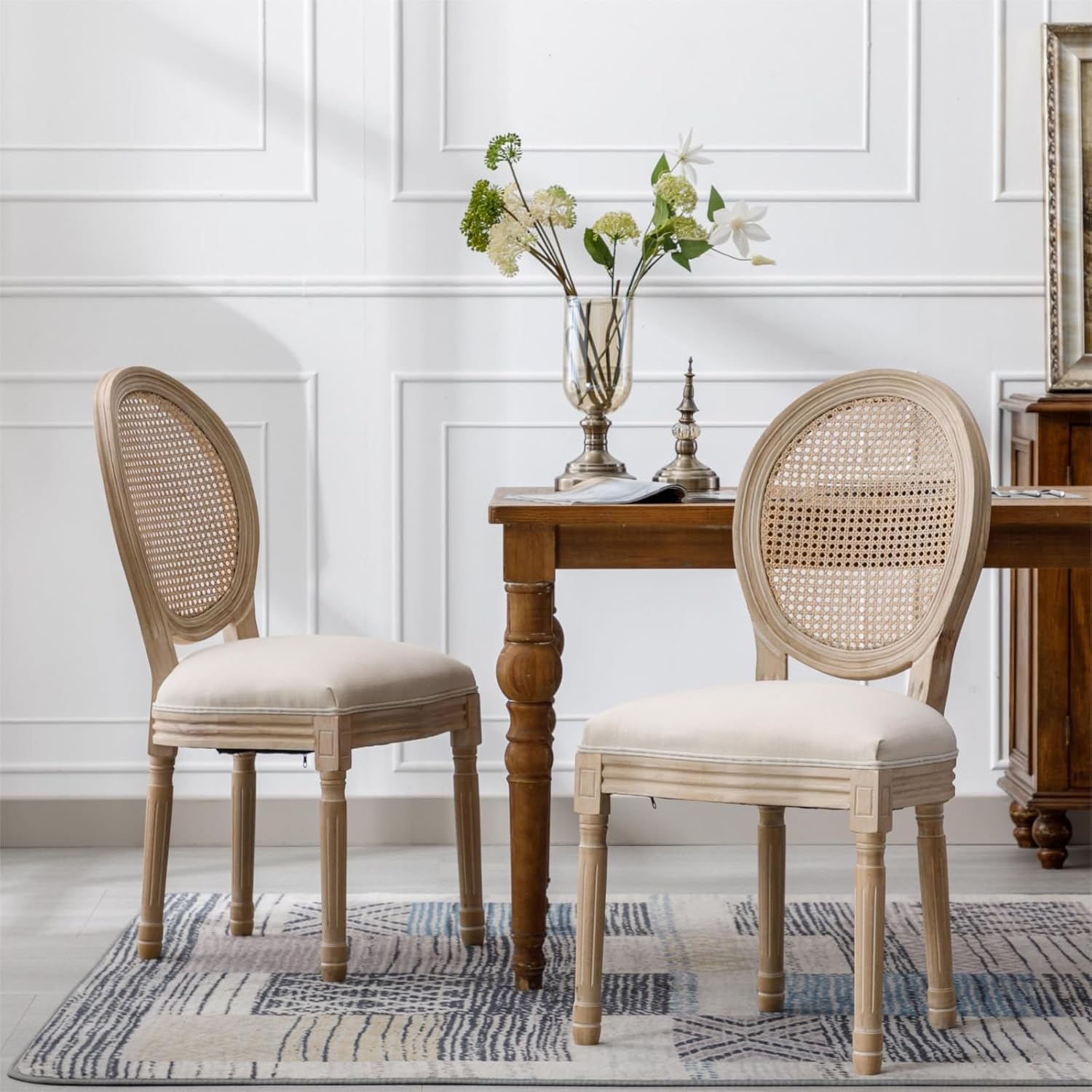 Set of 2 French Style Solid Wood Antique Linen & Rattan Dining Chairs, Cream Beige, Foam Filled, Ideal for Home Office Desk, High Table Chairs