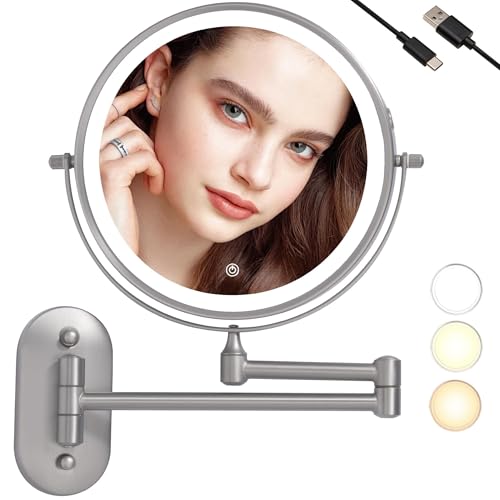 9 Inch Large Rechargeable Lighted Makeup Vanity Mirror Wall Mounted, 1X/10X Magnifying Mirror with Light for Bathroom 3000mAh USB Charging, Chrome Wall Mounted Mirror Swing Arm with 3 Light for Makeup