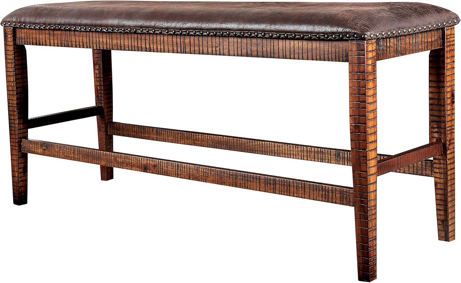 PayLessHere Rustic Counter Height Dining Bench with Leather Upholstered Nailhead Trim and Solid Wood Leg for Dining Room Kitchen Living Room Bedroom,Distressed Dark Oak