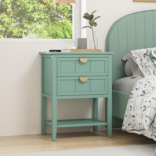 2 Storage Drawer Bedside Nightstand, Wood Side Table Bedroom Storage Drawer with Open Shelf for Bedroom, Living Room, Hallway, Entryway,Nursery (Slate Blue)