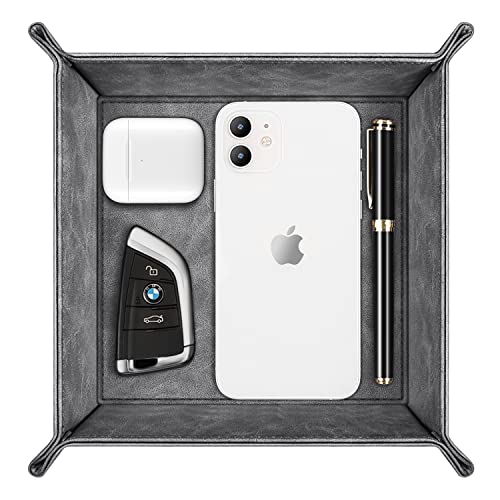 SITHON Valet Tray Desktop Storage Organizer – Premium PU Leather Catchall Tray Bedside Vanity Tray Nightstand Caddy Holder for Remote Controller, Keys, Phone, Wallet, Coin, Jewelry, Dark Green