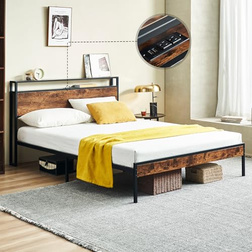 Full Size Bed Frame with Charging Station, Platform Bed Frame with Storage Headboard, Easy Assembly, No Box Spring Needed (Brown)